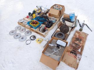 Qty Of Hub Caps, Grease Guns, Booster Cables, Universal Joints, Alternators, Gas Filter, Mirrors, Brake Shoes, Clutch Set And Assorted Supplies **LOCATED IN EDMONTON**