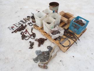 Qty Of Tire Chains, Lifting Chains, Bungee Cords, Pins, Hooks And Assorted Supplies **LOCATED IN EDMONTON**