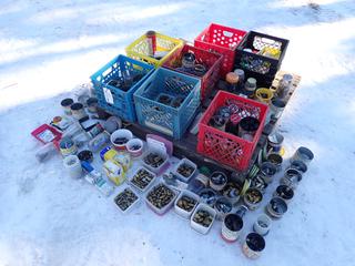 Qty Of Assorted Brass Fittings, 90's, Tees, Joiners, Nuts, Bolts, Grease Nipples, Screws, Clamps And Gauges **LOCATED IN EDMONTON**