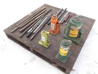Hein-Werner 5-Ton And 20-Ton Bottle Jacks, Strong Arm 6-Ton Hydraulic Jack, Simplex 1 1/2-Ton Bottle Jacks And Qty Of Handles **LOCATED IN EDMONTON**