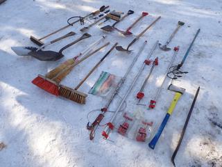 Qty Of Shovels, Brooms, Pry Bar, Axe, Tree Pruner And Assorted Hand Tools **LOCATED IN EDMONTON**