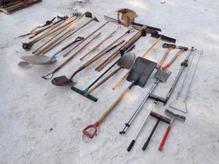 Qty Of Rakes, Shovels, Axe, Edge Trimmer, Brooms, King Pin Extension And Assorted Supplies **LOCATED IN EDMONTON**
