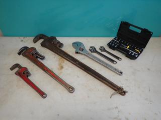 14in, 24in And 36in Pipe Wrenches c/w 8in, 10in And 18in Adjustable Wrenches And Stanley Socket Set **LOCATED IN EDMONTON**