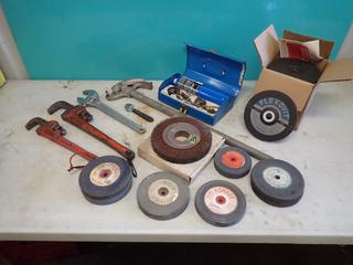 Propane Torch Kit, Pipe Bender, 6in And 15in Adjustable Wrench, 14in And 18in Pipe Wrench, Grinding Wheels And Wire Wheel **LOCATED IN EDMONTON**