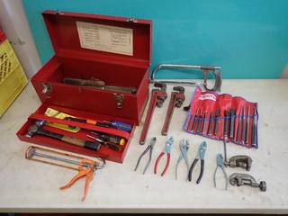 Proto Chisel And Punch Set, Pliers, Cutters, Screwdrivers, 14in And 18in Pipe Wrenches, Files, Pipe Cutters And 20in X 9in X 9in Toolbox **LOCATED IN EDMONTON**
