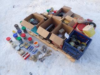 Qty Of Nuts, Bolts, Tire Gauges, Grinding Wire Wheels, Brass Fittings, Straps, Trailer Hangers, Flashers And Assorted Supplies **LOCATED IN EDMONTON**