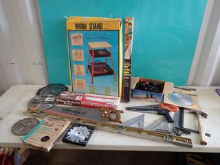 24in X 19 1/2in X 30in Work Stand c/w Cabinet Light, Hand Saw, Level, Square, 7in Masonry Blades, Hammer And Assorted Supplies **LOCATED IN EDMONTON**