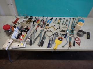 Qty Of Tire Gauges, Measuring Tape, Pliers, Allen Keys, Screwdrivers, Glue Gun, Glue Sticks, Sockets, Scrapers, Square, Filter Wrenches And Assorted Supplies **LOCATED IN EDMONTON**