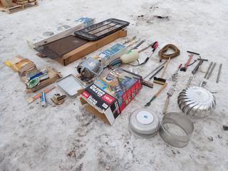 Paint Brush Handles, Snow Brushes, Spray Tanks, Rope, Skylight Accessory Kit, Chimney Top, 4ft X 22in Trailer Window And Screen And Assorted Supplies **LOCATED IN EDMONTON**