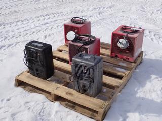 Qty Of (3) 240V Fan Forced Heaters c/w (2) 120V Utility Heaters *Note: (2) Missing Plugs* **LOCATED IN EDMONTON**