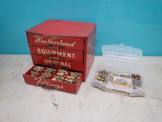 Vintage Weatherhead 11in X 9in X 9in 4-Drawer Storage Cabinet c/w Qty Of Brass Fittings, Reducers, Joiners And Couplers ** LOCATED IN EDMONTON**