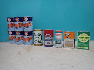 Qty Of Vintage Unused Gulf XHD And Quaker State Motor Oil, ESSO Aviation Oil, Castrol Outboard, Kleen-Flo Diesel Conditioner And Rad-Kleen Radiator Flush Cans **LOCATED IN EDMONTON**
