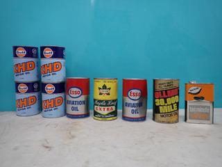 Qty Of Unused Vintage Gulf XHD, Ollmo And Coop Maple Leaf Motor Oil, ESSO Aviation Oil And Rad-Kleen Radiator Flush Cans **LOCATED IN EDMONTON**