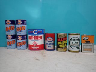 Qty Of Unused Vintage Gulf XHD, Ollmo And Quaker State Motor Oil, ESSO Aviation Oil, StanGard Anti-Freeze And Rad-Kleen Radiator Flush Cans **LOCATED IN EDMONTON**