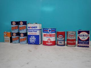 Qty Of Unused Vintage Gulf XHD Motor Oil, ESSO Motor And Aviation Oil, Wagner Brake Fluid, StanGard Anti-Freeze, Kleen-Flo Motor Conditioner And Rad-Kleen Radiator Flush Cans **LOCATED IN EDMONTON**