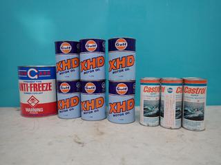 Qty Of Unused Vintage Gulf XHD Motor Oil, StanGard Anti-Freeze And Castrol Outboard Motor Oil Cans **LOCATED IN EDMONTON**
