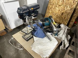 Mastercraft Drill Press c/w Makita MLS100 Mitre Saw, Qty Of Tarps **LOCATED @ 15311 - 128 Ave, Edmonton, AB**