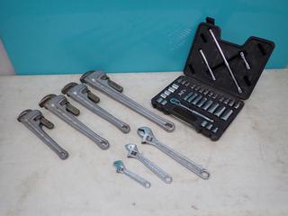 (1) 14in, (2) 18in And (1) 24in Pipe Wrenches c/w (3) Adjustable Wrenches And Mastercraft Socket Set **LOCATED IN EDMONTON**