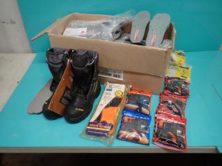 Unused Globe Crosstech Size 7W Work Boots c/w Assorted Unused Ice Cleats And Qty Of Unused Assorted Size Globe Magnum Boot Sole Inserts ** LOCATED IN EDMONTON**