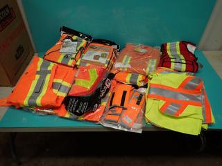 Qty Of Unused One Size L And XL Hi-Vis Vests c/w Neck Shades And Size M Rain Coveralls  ** LOCATED IN EDMONTON**