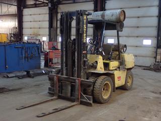 Hyster 90XLS 9000lb Cap. LPG Forklift c/w 4.3L V6, 3-Stage Mast, Side Shift, 4ft Forks, Mtd. Air Tank w/ Glad Hands, 7.00-15 Front And 7.00-12 Rear Tires. Showing 4363hrs. SN G005D08165T