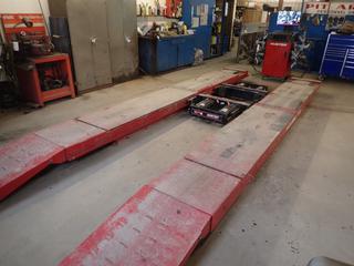 2021 Hunter WT100 12,000lb Cap. 208/230V Single Phase Wheel Alignment System c/w Hunter WA13X Alignment System w/ 2.4XF Pod System, RX12K Surface Mount Standard Deck Scissor Lift w/ (2) 6000lb Cap. Swing Air Jacks, Hunter RX-K Control Unit And DSP50 Wheel Sensors. 201in X 89in Hoist Dimensions w/ 24in Ramp Widths *Note: Buyer Responsible For Removal For Dismantle And Removal*