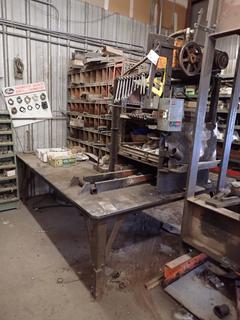 96in X 72in X 30in Steel Table w/ Built-In 440/220V 3-Phase Hydraulic Spring Press c/w Storage Shelves, Qty Of Assorted Wrenches, Nuts, Bolts, Fittings And Assorted Supplies