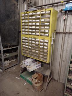 (2) Weatherhead 30in X 20in X 10in 49-Compartment Storage Cabinets c/w Stand And Assorted 90's, Tee's, Joiners, Reducers, Sleeves And Assorted Supplies *Note: Buyer Responsible For Removal**