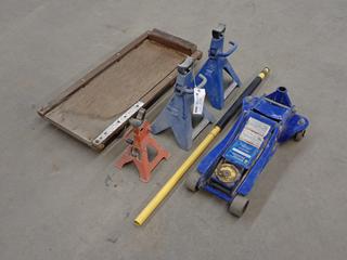 Power Fist 4-Ton Low Profile Floor Jack c/w (2) Power Fist 3-Ton Jack Stands, (1) Strongarm 3-Ton Jack Stand And Mechanic Creeper