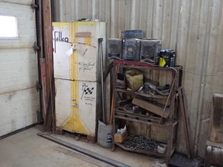 (2) Filko 27in X 11in X 30in Cabinets c/w 4-Tier Shelving Unit And Assorted Supplies *Note: Dents In Door*