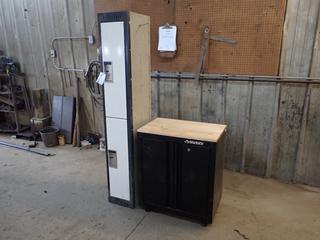 15in X 12in X 72in 2-Door Storage Locker c/w Husky 28in X 18in X 33in 2-Drawer Cabinet w/ Wood Top