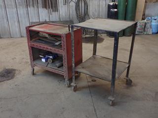 24in X 24in X 39in Portable Steel Shop Table c/w 32in X 16in X 33in 3-Shelf Metal Tool Cart And Contents