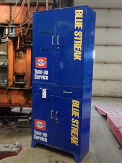 Blue Streak 2-Door Top Cabinet c/w Blue Streak 2-Door Bottom Cabinet, Safety Glasses, Vest, Welding Goggles And Assorted Supplies