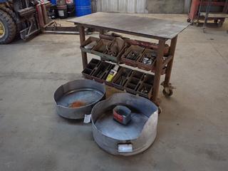 47in X 24in X 35in Steel Shop Table c/w Storage Bins, Nuts, Bolts, Screws, Drill Bits And (2) Stainless Steel Pans *Note: (1) Pan Dented*