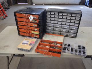 (2) Storage Cabinets c/w Screws, Snap Ring Clips, Universal Push Pin Retainer Kit And Assorted Supplies