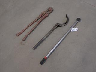 Heavy Duty Adjustable Hook Spanner Wrench c/w 3/4in Torque Wrench And Manco 36in Bolt Cutters