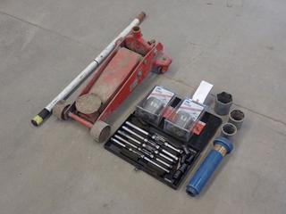 3-Ton Low Profile Floor Jack c/w Assorted Wheel Bearing Lock Nut Sockets, HD Sockets And Precision Pilot Reamers