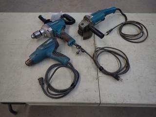 Makita DS4011 120V 1/2in Drill c/w Makita HG5012 120V Heat Gun And Makita 120V Angle Grinder