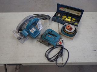 Makita 5007NB 115V 7 1/4in Circular Saw c/w Makita 4323 120V Jig Saw And Qty Of Hole Saw Drill Bits