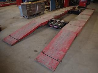 Hunter RX14K Surface Mount Long Deck 14000lb 208/230V Single Phase Alignment Scissor Lift w/ (2) 9000lb Swing Air Jacks And RX-K Control Unit. 204in X 92in Hoist Dimensions w/ 26in Ramp Widths. SN AGC1829 *Note: Buyer Responsible For Dismantle And Removal*