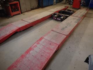 Hunter RX12K Surface Mount Standard Deck 12000lb 208/230V Single Phase Alignment Scissor Lift w/ (2) 6000lb Swing Air Jacks And RX-K Control Unit. 201in X 89in Hoist Dimensions w/ 24in Ramp Widths. SN AGC1827 *Note: Buyer Responsible For Dismantle And Removal*