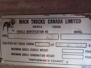1976 Mack R-600 T/A Truck Tractor c/w 6.7L Diesel, 5spd Manual, 212in WB And 12R22.5 Tires. Showing 7374hrs, 013, 435 Miles. VIN R686ST8509 *Note: Rust, Running Condition Unknown*