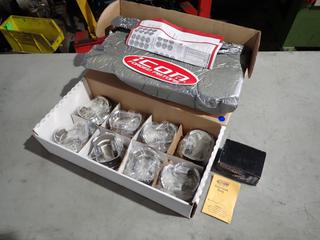 Qty Of (8) Unused UEM I528CA.010 Premium icon Forged Pistons For Use With GM LS2, LS3, LSA, LS9, 6.0L And 6.2L Engines c/w (8) Trend Performance 4130 Wrist Pins
