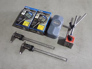 (2) 8in Digital Calipers c/w (2) Cen-Tech 93295 1in Dial Indicators, (1) Neoteck NTK021 1in Dial Indicator And Magnetic Stand *Note: (1) Cen-Tech Indicator Cracked, (1) Caliper Wheel Missing*