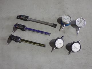 Qty Of (3) 6in Digital Calipers c/w (4) Assorted Dial Indicators *Note: (1) Caliper Missing Battery/Cover Working Condition Unknown, (2) Glass Indicators Damaged*