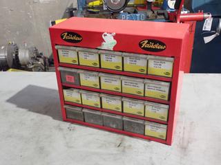 Fairview 16in X 6in X 14in 20-Drawer Parts Organizer c/w Qty Of Assorted Hose Fittings, Bushings, Clamps And Barbs