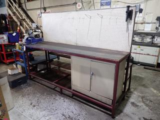 96in X 25in X 40in Steel Frame Workbench w/ 8ft X 30in Pegboard, 9.5in X 12in Rear Shelves And Gray 6in Bench Vise c/w 94in X 14in X 27in 3-Shelf Storage Rack And 36in X 18in X 30in 2-Door Storage Cabinet