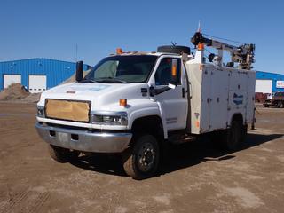2007 GMC C5500 4X4 Mechanics Truck c/w 6.6L 330hp Duramax Diesel, A/T, Boden Fabricating Service Box, Toolboxes, Hose Reels, Vise, Storage Compartments, Vmac Compressor, Auto Crane 4004EH 8-12-16 3-Stage Picker And 245/70R19.5 Tires. Showing 9178hrs, 194,275kms. VIN 1GDE5C3987F419476 **LOCATED IN COLD LAKE, AB**