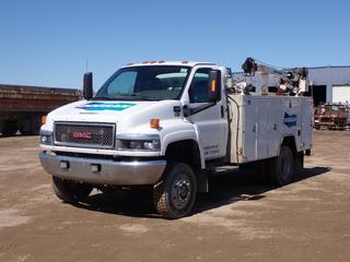 2007 GMC C5500 4X4 Mechanics Truck c/w 6.6L 330hp Duramax Diesel, A/T, TK Truck Body Service Box, Toolboxes, Hose Reels, Air Tanks, Storage Compartments, Miller Bobcat 250EFI 12,000W 120/240V Single Phase AC/DC Welder/Generator w/ Kohler ECH730 Gas Engine, Showing 352hrs, Auto Crane 4004EH 8-12-16 3-Stage Picker And 245/70R19.5 Tires. Showing 201,164kms. VIN 1GDE5C3957F424294 *Note: Engine Light On* **LOCATED IN COLD LAKE, AB**