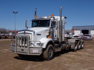 2006 Kenworth T800B Tri Drive Sleeper Truck Tractor c/w CAT C15 15.2L, Eaton Fuller 18-Spd, Full lock Ups, 66,000kg GVWR, A/R Susp, Wet Kit, Adjustable Holland Fifth Wheel Plate, 385/65R22.5 Front And 11R24.5 Rear Tires. Showing 20,250hrs, 1,307,103kms. VIN 1XKDPB0X46R987300  **LOCATED IN COLD LAKE, AB**